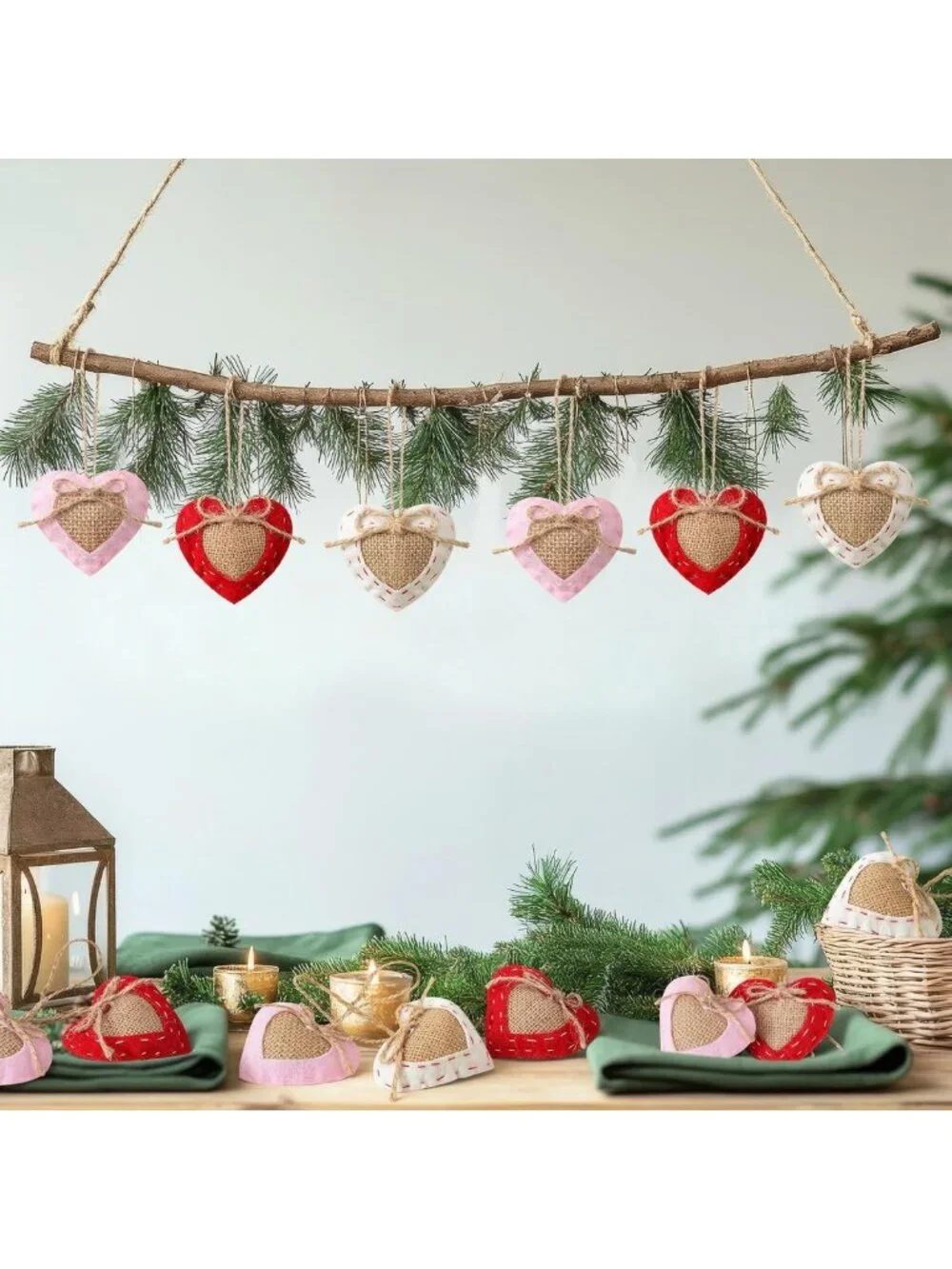 24 Pcs Neutral Valentine's Day Felt Heart Ornaments - Rustic Home Decor & Party